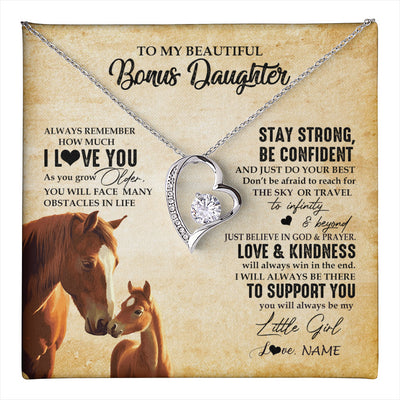 Forever Love Necklace 14K White Gold Finish | 1 | Personalized To My Bonus Daughter Necklace From Stepdad Mom Always Remember I Love You Horse Stepddaughter Birthday Christmas Customized Gift Box Message Card | teecentury