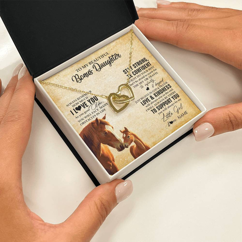 Interlocking Hearts Necklace 18K Yellow Gold Finish | 2 | Personalized To My Bonus Daughter Necklace From Stepdad Mom Always Remember I Love You Horse Stepddaughter Birthday Christmas Customized Gift Box Message Card | teecentury