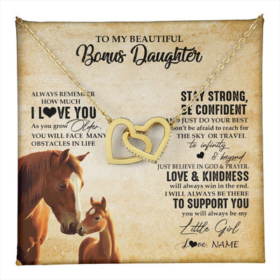 Interlocking Hearts Necklace 18K Yellow Gold Finish | 1 | Personalized To My Bonus Daughter Necklace From Stepdad Mom Always Remember I Love You Horse Stepddaughter Birthday Christmas Customized Gift Box Message Card | teecentury