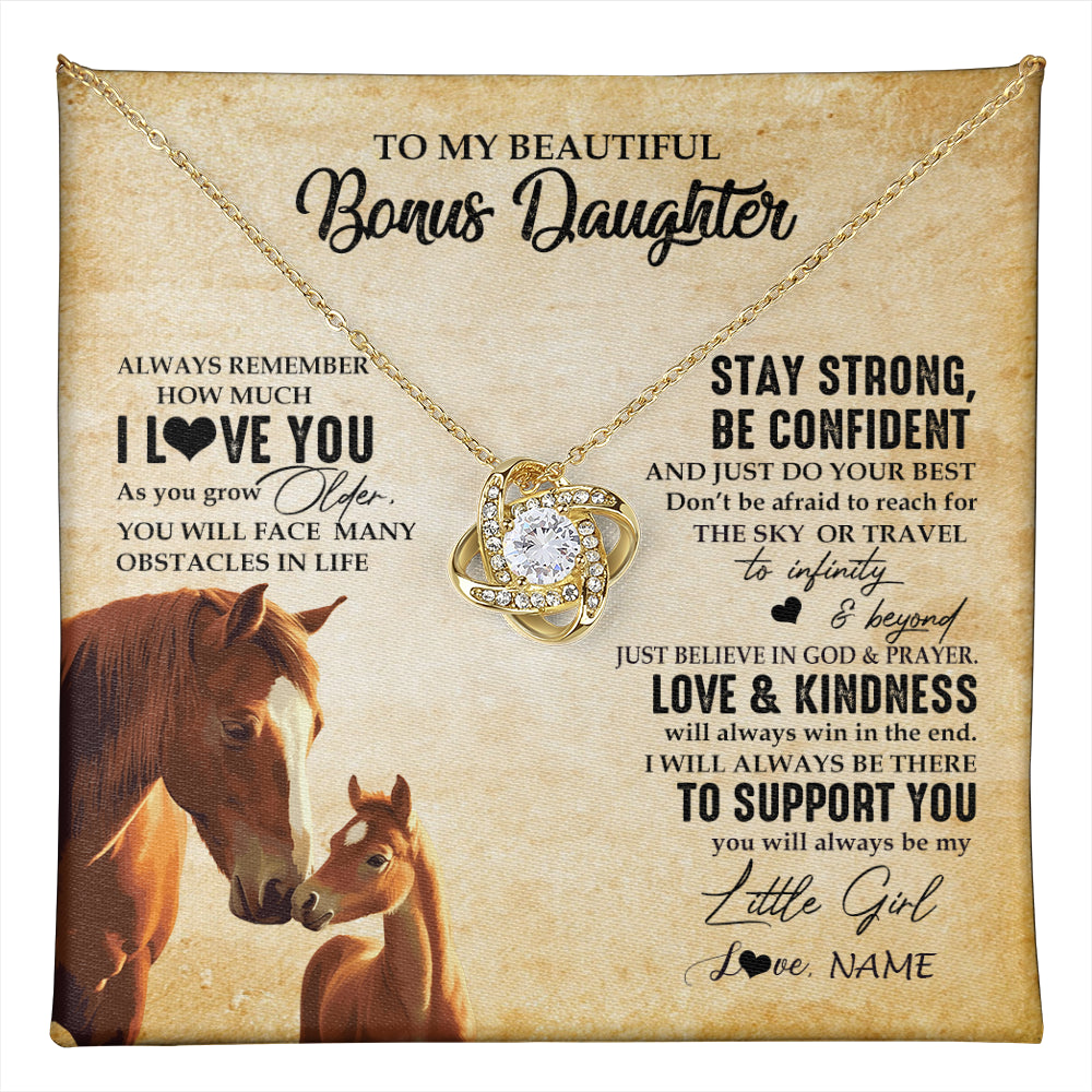 Love Knot Necklace 18K Yellow Gold Finish | 1 | Personalized To My Bonus Daughter Necklace From Stepdad Mom Always Remember I Love You Horse Stepddaughter Birthday Christmas Customized Gift Box Message Card | teecentury