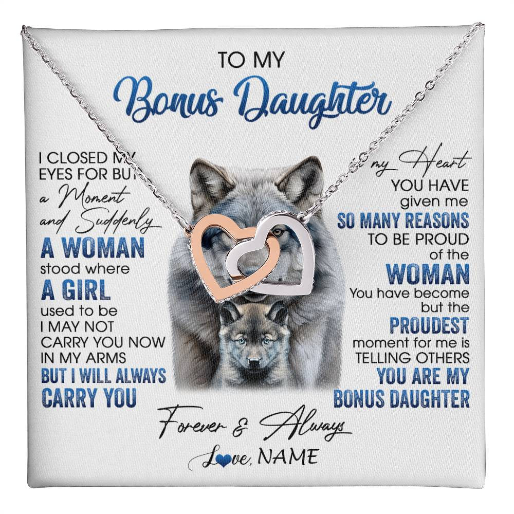 Interlocking Hearts Necklace Stainless Steel & Rose Gold Finish | 1 | Personalized To My Bonus Daughter Necklace From Stepdad Mom I Close My Eyes For But A Moment Wolf Birthday Gifts Christmas Customized Gift Box Message Card | teecentury