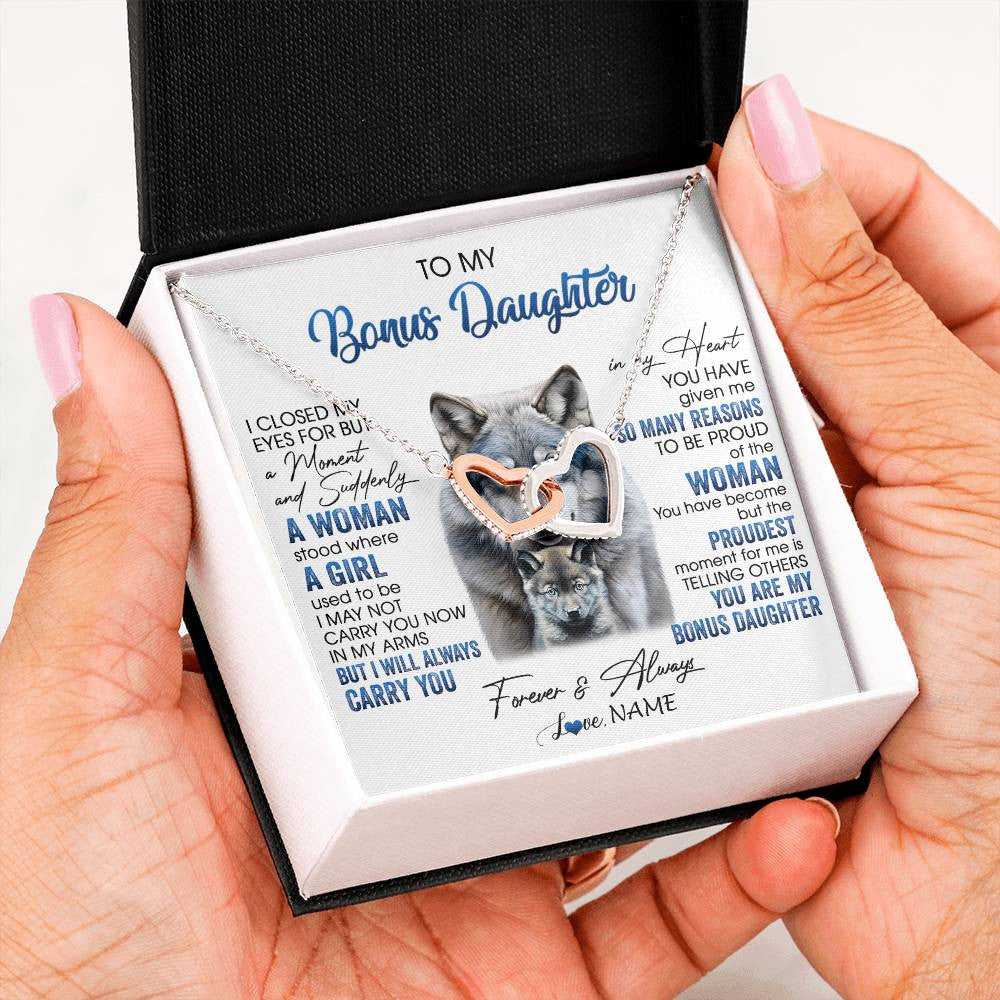 Interlocking Hearts Necklace Stainless Steel & Rose Gold Finish | 2 | Personalized To My Bonus Daughter Necklace From Stepdad Mom I Close My Eyes For But A Moment Wolf Birthday Gifts Christmas Customized Gift Box Message Card | teecentury