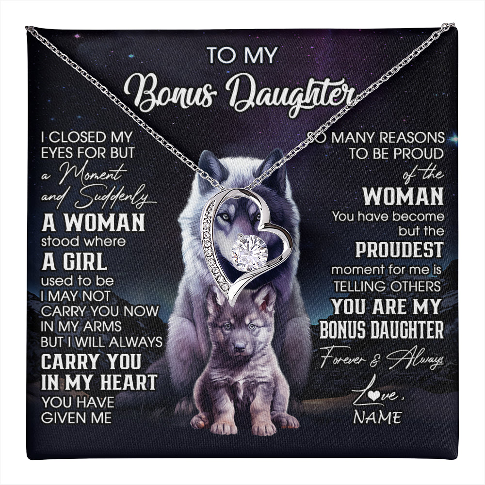 Forever Love Necklace 14K White Gold Finish | 1 | Personalized To My Bonus Daughter Necklace From Stepdad Mom I Close My Eyes Wolf Birthday Gifts Jewelry Graduation Christmas Customized Gift Box Message Card | teecentury