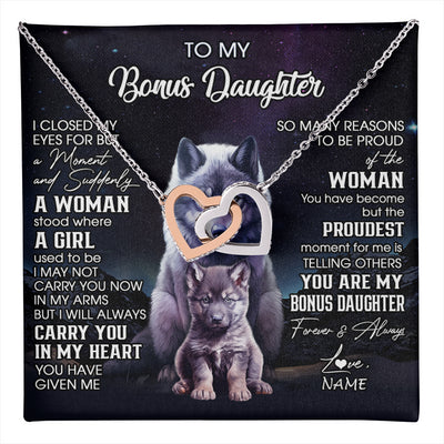 Interlocking Hearts Necklace Stainless Steel & Rose Gold Finish | 1 | Personalized To My Bonus Daughter Necklace From Stepdad Mom I Close My Eyes Wolf Birthday Gifts Jewelry Graduation Christmas Customized Gift Box Message Card | teecentury
