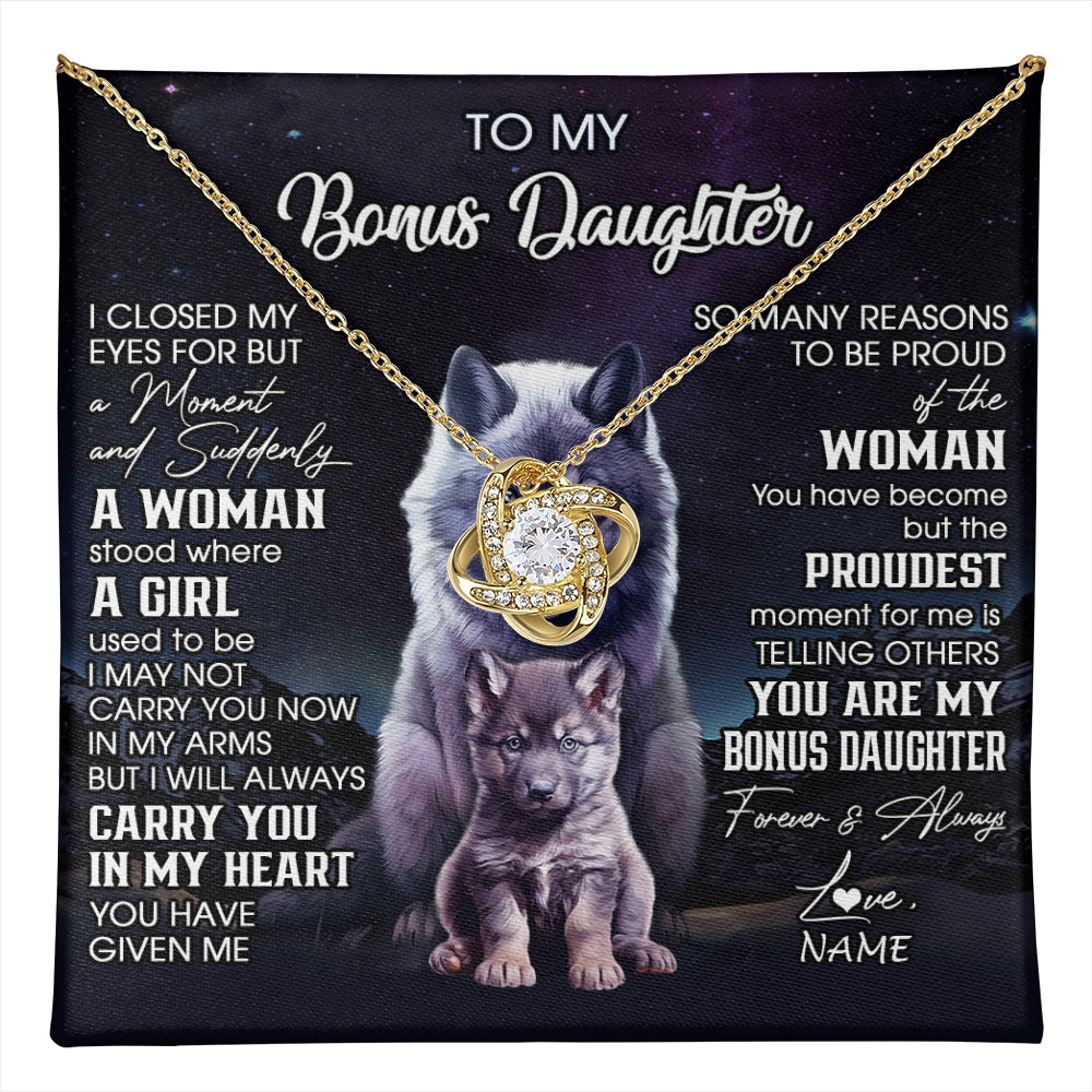 Love Knot Necklace 18K Yellow Gold Finish | 1 | Personalized To My Bonus Daughter Necklace From Stepdad Mom I Close My Eyes Wolf Birthday Gifts Jewelry Graduation Christmas Customized Gift Box Message Card | teecentury