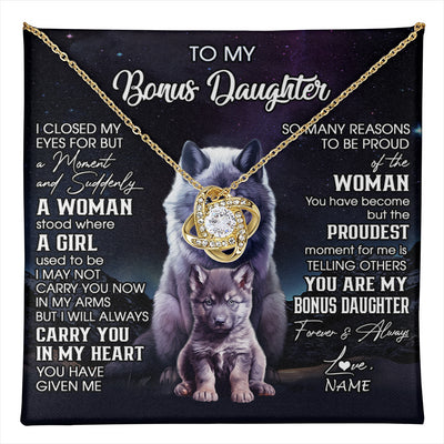 Love Knot Necklace 18K Yellow Gold Finish | 1 | Personalized To My Bonus Daughter Necklace From Stepdad Mom I Close My Eyes Wolf Birthday Gifts Jewelry Graduation Christmas Customized Gift Box Message Card | teecentury