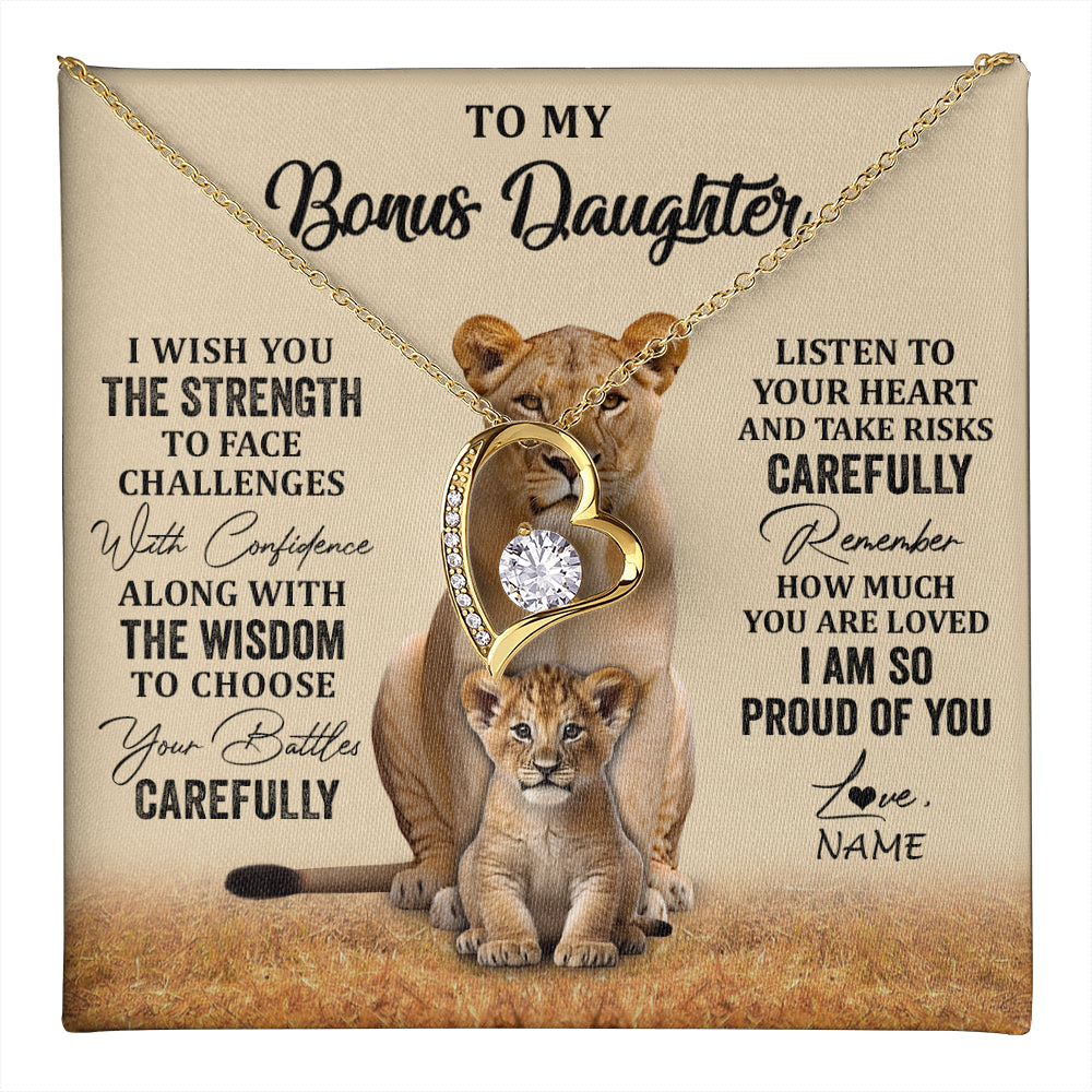 Forever Love Necklace 18K Yellow Gold Finish | 1 | Personalized To My Bonus Daughter Necklace From Stepdad Mom I Wish You The Strength Lion Stepddaughter Birthday Christmas Customized Gift Box Message Card | teecentury