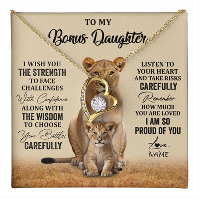 Forever Love Necklace 18K Yellow Gold Finish | 1 | Personalized To My Bonus Daughter Necklace From Stepdad Mom I Wish You The Strength Lion Stepddaughter Birthday Christmas Customized Gift Box Message Card | teecentury