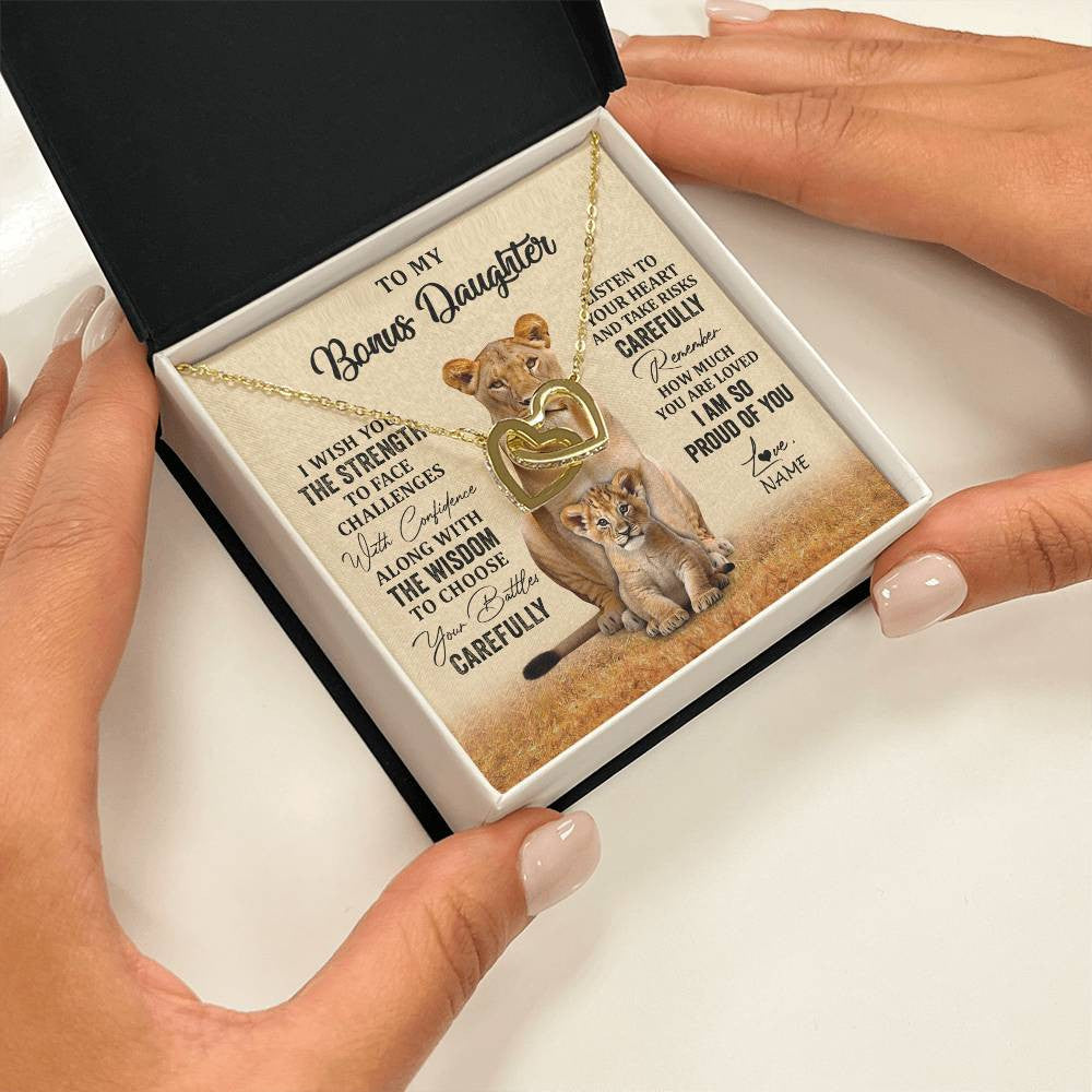 Interlocking Hearts Necklace 18K Yellow Gold Finish | 2 | Personalized To My Bonus Daughter Necklace From Stepdad Mom I Wish You The Strength Lion Stepddaughter Birthday Christmas Customized Gift Box Message Card | teecentury