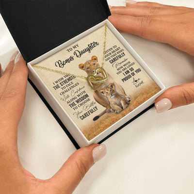 Interlocking Hearts Necklace 18K Yellow Gold Finish | 2 | Personalized To My Bonus Daughter Necklace From Stepdad Mom I Wish You The Strength Lion Stepddaughter Birthday Christmas Customized Gift Box Message Card | teecentury