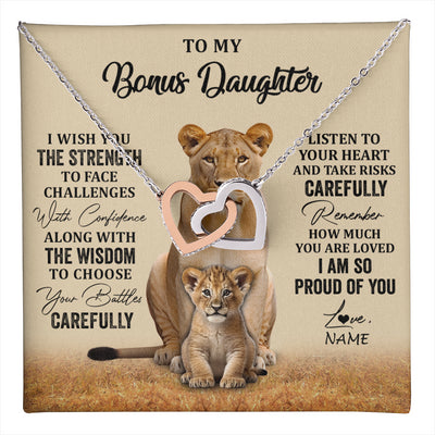 Interlocking Hearts Necklace Stainless Steel & Rose Gold Finish | 1 | Personalized To My Bonus Daughter Necklace From Stepdad Mom I Wish You The Strength Lion Stepddaughter Birthday Christmas Customized Gift Box Message Card | teecentury