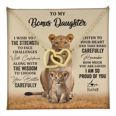 Interlocking Hearts Necklace 18K Yellow Gold Finish | 1 | Personalized To My Bonus Daughter Necklace From Stepdad Mom I Wish You The Strength Lion Stepddaughter Birthday Christmas Customized Gift Box Message Card | teecentury