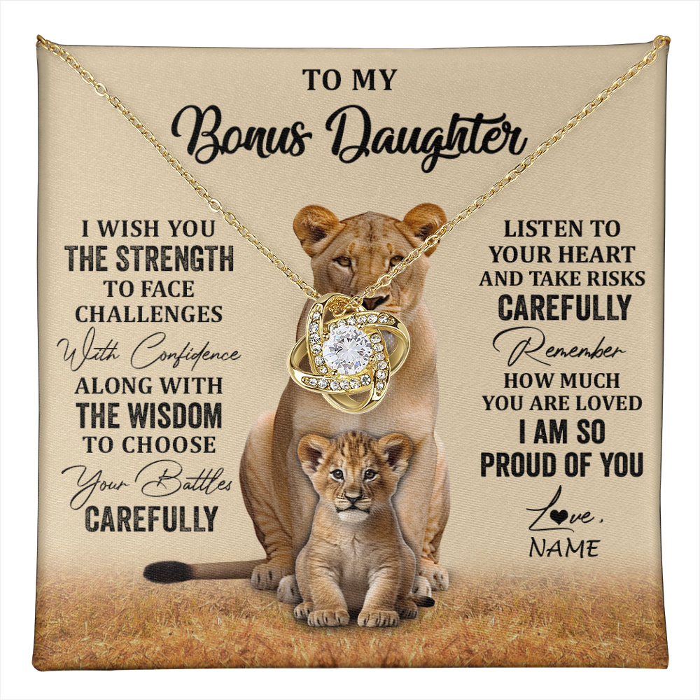 Love Knot Necklace 18K Yellow Gold Finish | 1 | Personalized To My Bonus Daughter Necklace From Stepdad Mom I Wish You The Strength Lion Stepddaughter Birthday Christmas Customized Gift Box Message Card | teecentury