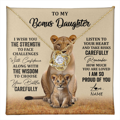 Love Knot Necklace 18K Yellow Gold Finish | 1 | Personalized To My Bonus Daughter Necklace From Stepdad Mom I Wish You The Strength Lion Stepddaughter Birthday Christmas Customized Gift Box Message Card | teecentury