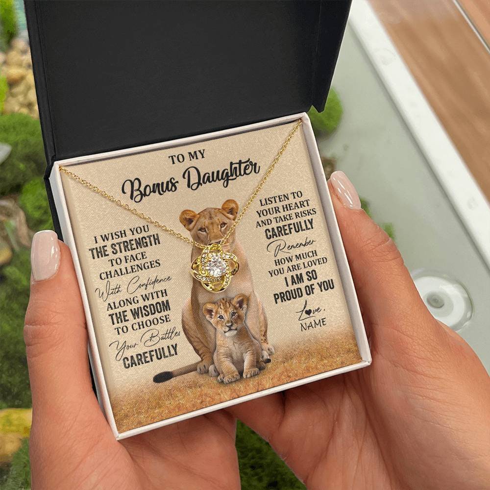 Love Knot Necklace 18K Yellow Gold Finish | 2 | Personalized To My Bonus Daughter Necklace From Stepdad Mom I Wish You The Strength Lion Stepddaughter Birthday Christmas Customized Gift Box Message Card | teecentury