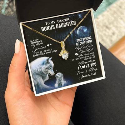 Alluring Beauty Necklace 18K Yellow Gold Finish | 2 | Personalized To My Bonus Daughter Necklace From Stepdad Mom Moon Wolf Stepddaughter Birthday Gifts Jewelry Christmas Customized Gift Box Message Card | teecentury