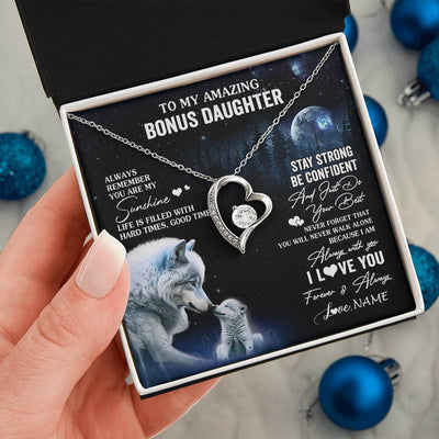 Forever Love Necklace 14K White Gold Finish | 2 | Personalized To My Bonus Daughter Necklace From Stepdad Mom Moon Wolf Stepddaughter Birthday Gifts Jewelry Christmas Customized Gift Box Message Card | teecentury