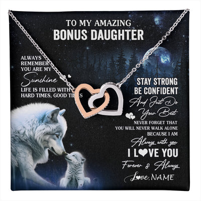 Interlocking Hearts Necklace Stainless Steel & Rose Gold Finish | 1 | Personalized To My Bonus Daughter Necklace From Stepdad Mom Moon Wolf Stepddaughter Birthday Gifts Jewelry Christmas Customized Gift Box Message Card | teecentury