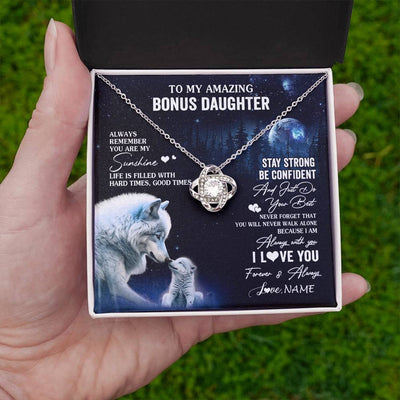 Love Knot Necklace 14K White Gold Finish | 2 | Personalized To My Bonus Daughter Necklace From Stepdad Mom Moon Wolf Stepddaughter Birthday Gifts Jewelry Christmas Customized Gift Box Message Card | teecentury