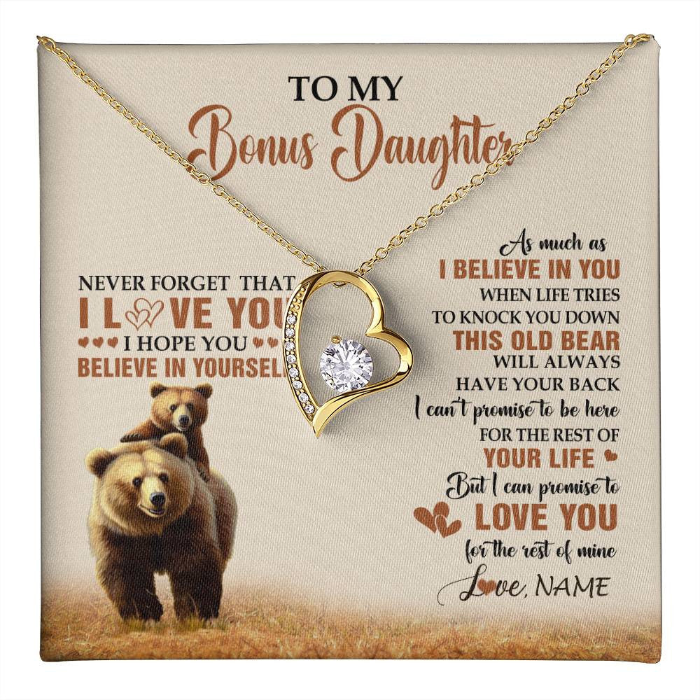 Forever Love Necklace 18K Yellow Gold Finish | 1 | Personalized To My Bonus Daughter Necklace From Stepdad Mom This Old Bear Love You Birthday Jewelry Graduation Christmas Customized Gift Box Message Card | teecentury