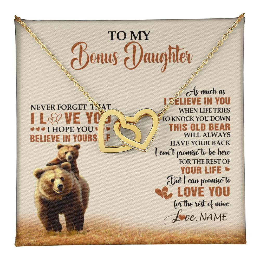 Interlocking Hearts Necklace 18K Yellow Gold Finish | 1 | Personalized To My Bonus Daughter Necklace From Stepdad Mom This Old Bear Love You Birthday Jewelry Graduation Christmas Customized Gift Box Message Card | teecentury