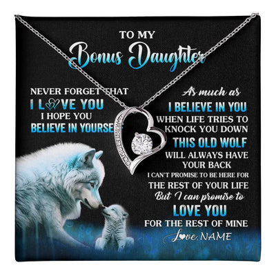 Forever Love Necklace 14K White Gold Finish | 1 | Personalized To My Bonus Daughter Necklace From Stepdad Mom This Old Wolf Love Birthday Gifts Jewelry Graduation Christmas Customized Gift Box Message Card | teecentury