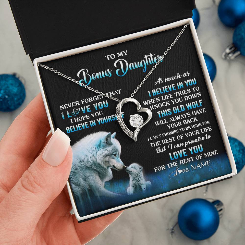 Forever Love Necklace 14K White Gold Finish | 2 | Personalized To My Bonus Daughter Necklace From Stepdad Mom This Old Wolf Love Birthday Gifts Jewelry Graduation Christmas Customized Gift Box Message Card | teecentury