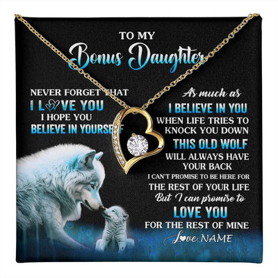 Forever Love Necklace 18K Yellow Gold Finish | 1 | Personalized To My Bonus Daughter Necklace From Stepdad Mom This Old Wolf Love Birthday Gifts Jewelry Graduation Christmas Customized Gift Box Message Card | teecentury