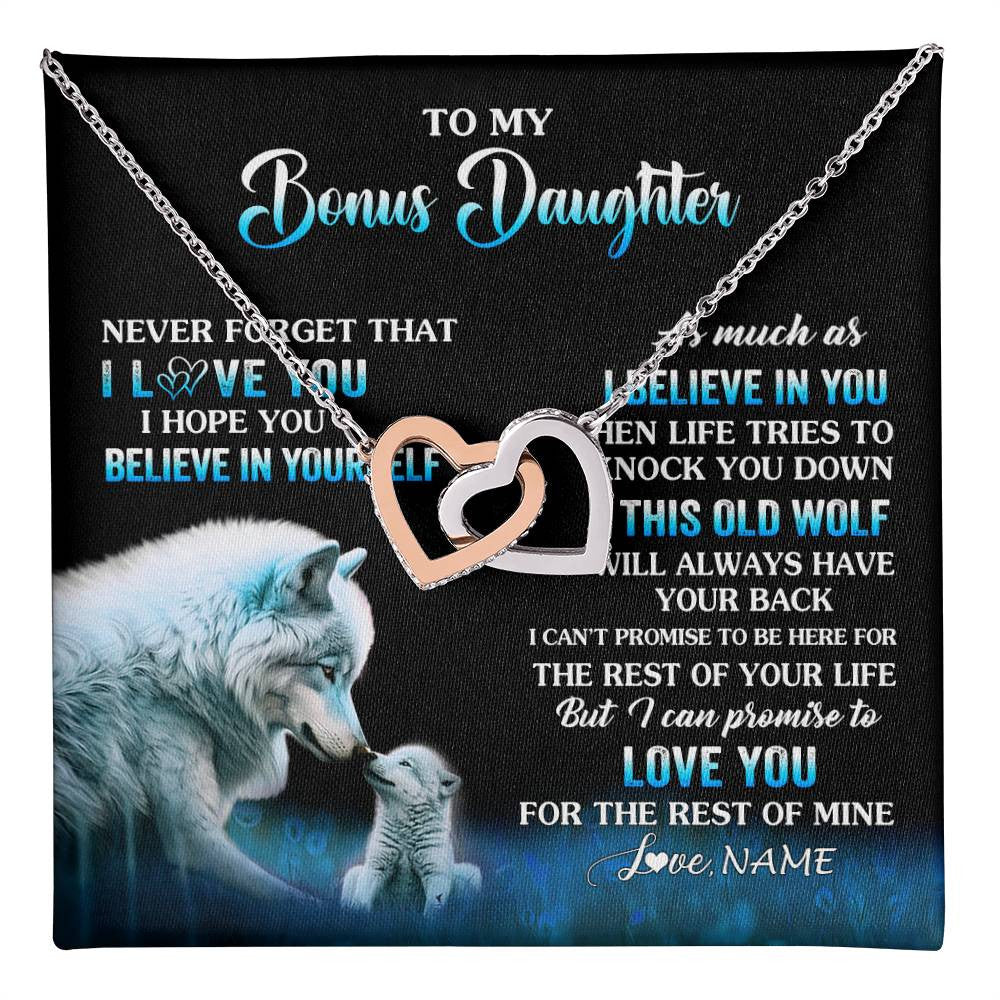 Interlocking Hearts Necklace Stainless Steel & Rose Gold Finish | 1 | Personalized To My Bonus Daughter Necklace From Stepdad Mom This Old Wolf Love Birthday Gifts Jewelry Graduation Christmas Customized Gift Box Message Card | teecentury