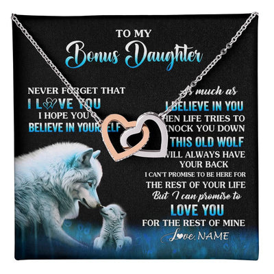 Interlocking Hearts Necklace Stainless Steel & Rose Gold Finish | 1 | Personalized To My Bonus Daughter Necklace From Stepdad Mom This Old Wolf Love Birthday Gifts Jewelry Graduation Christmas Customized Gift Box Message Card | teecentury