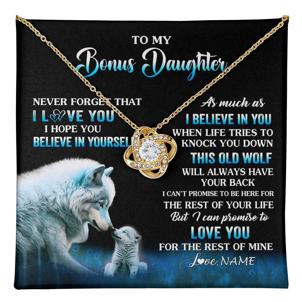 Love Knot Necklace 18K Yellow Gold Finish | 1 | Personalized To My Bonus Daughter Necklace From Stepdad Mom This Old Wolf Love Birthday Gifts Jewelry Graduation Christmas Customized Gift Box Message Card | teecentury