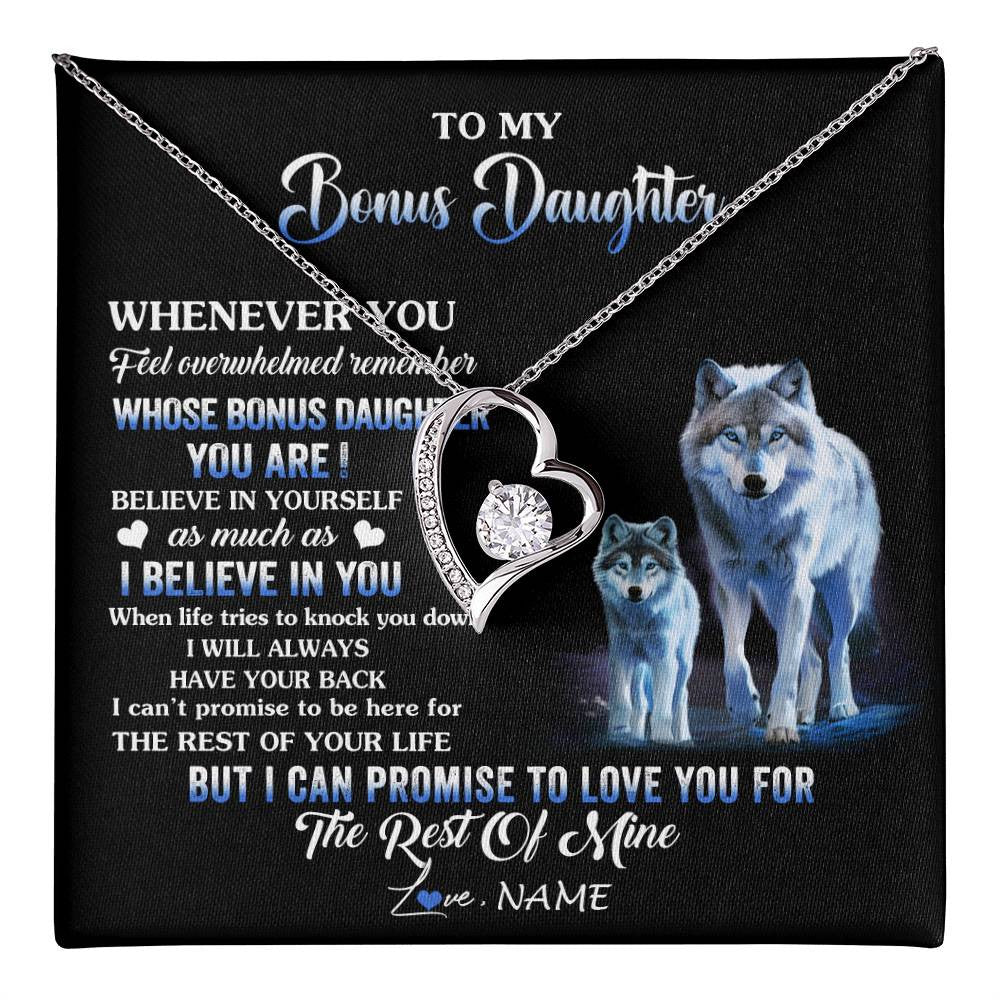 Forever Love Necklace 14K White Gold Finish | 1 | Personalized To My Bonus Daughter Necklace From Stepdad Mom Whenever You Feel Wolf Birthday Gifts Jewelry Graduation Christmas Customized Gift Box Message Card | teecentury