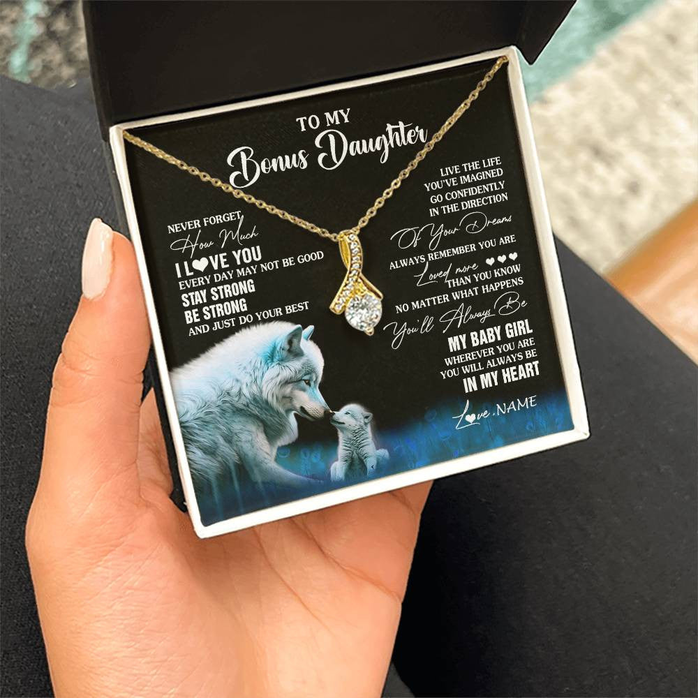 Alluring Beauty Necklace 18K Yellow Gold Finish | 2 | Personalized To My Bonus Daughter Necklace From Stepdad Mom Wolf Never Forget How Much I Love You Birthday Gifts Christmas Customized Gift Box Message Card | teecentury