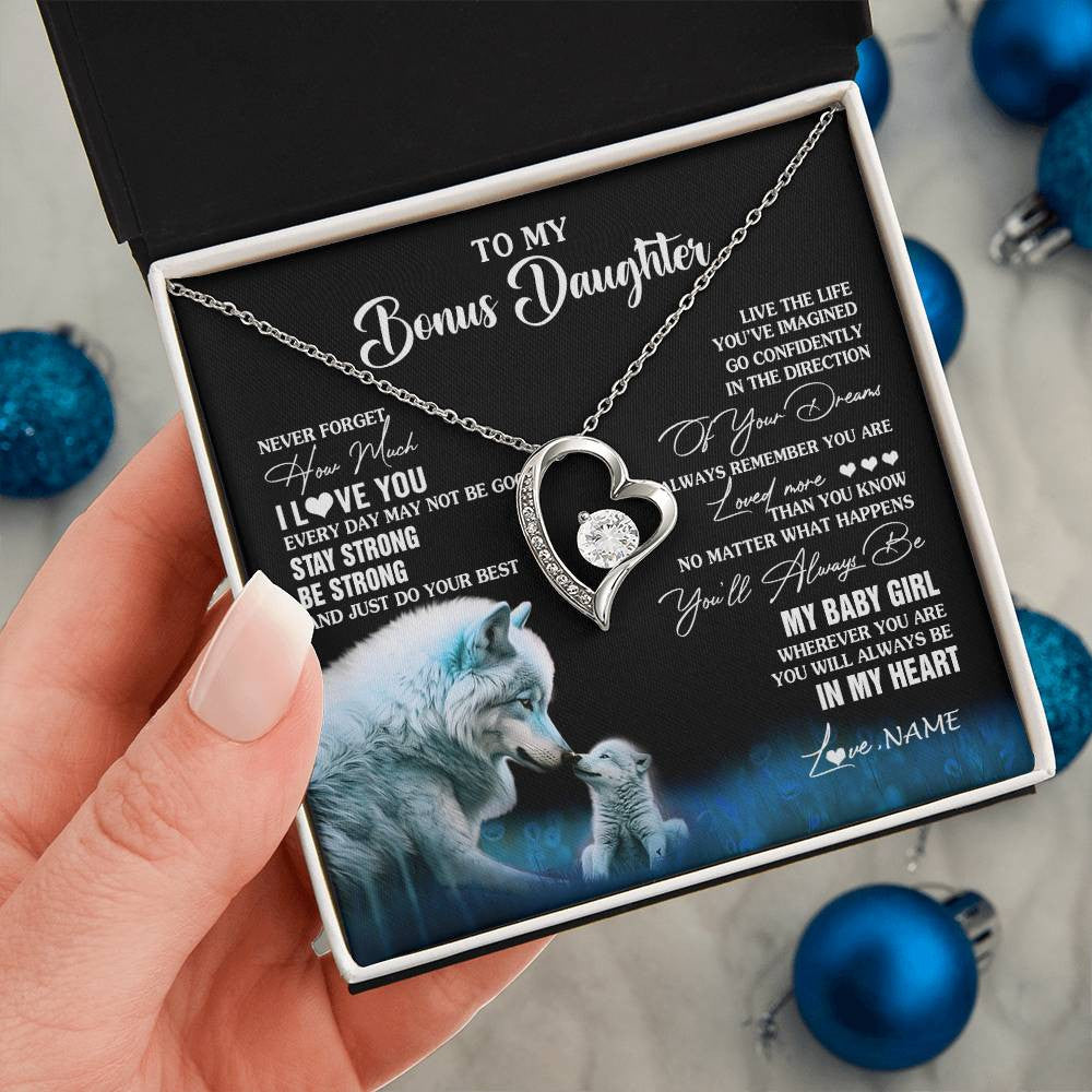 Forever Love Necklace 14K White Gold Finish | 2 | Personalized To My Bonus Daughter Necklace From Stepdad Mom Wolf Never Forget How Much I Love You Birthday Gifts Christmas Customized Gift Box Message Card | teecentury