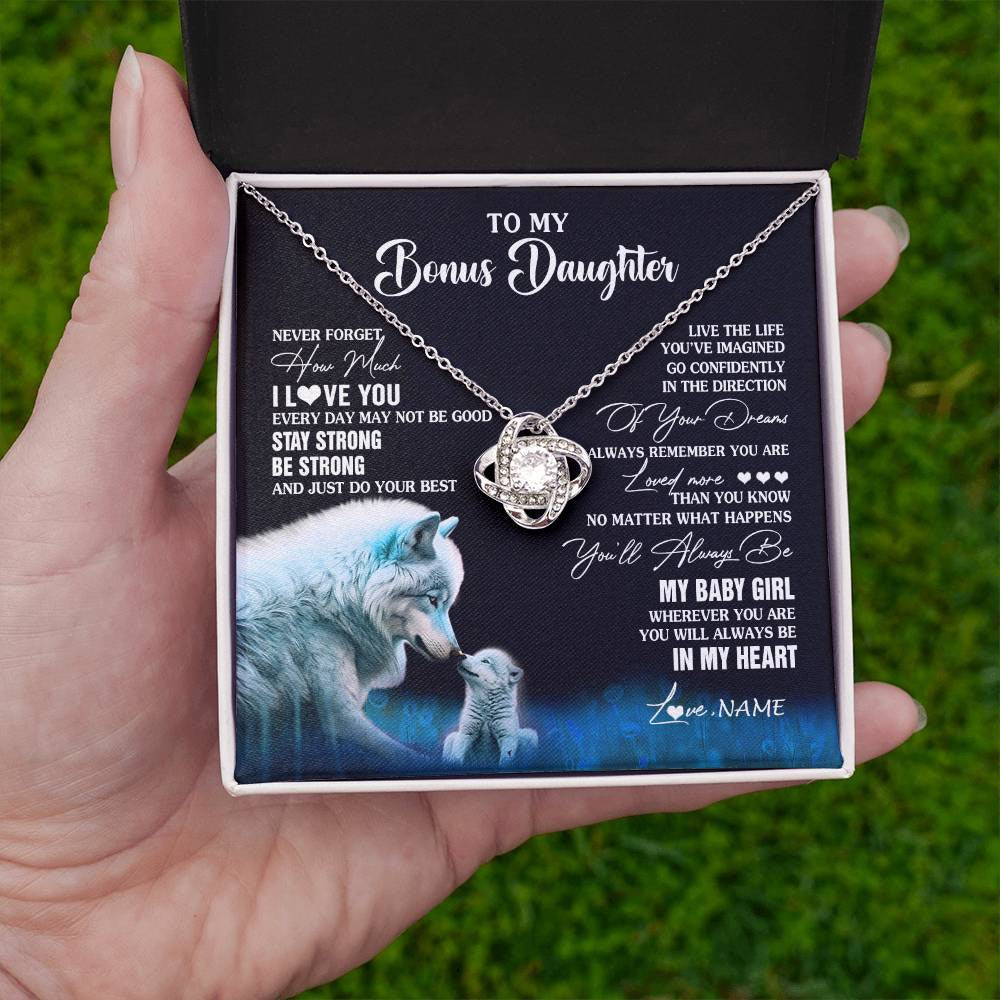 Love Knot Necklace 14K White Gold Finish | 2 | Personalized To My Bonus Daughter Necklace From Stepdad Mom Wolf Never Forget How Much I Love You Birthday Gifts Christmas Customized Gift Box Message Card | teecentury