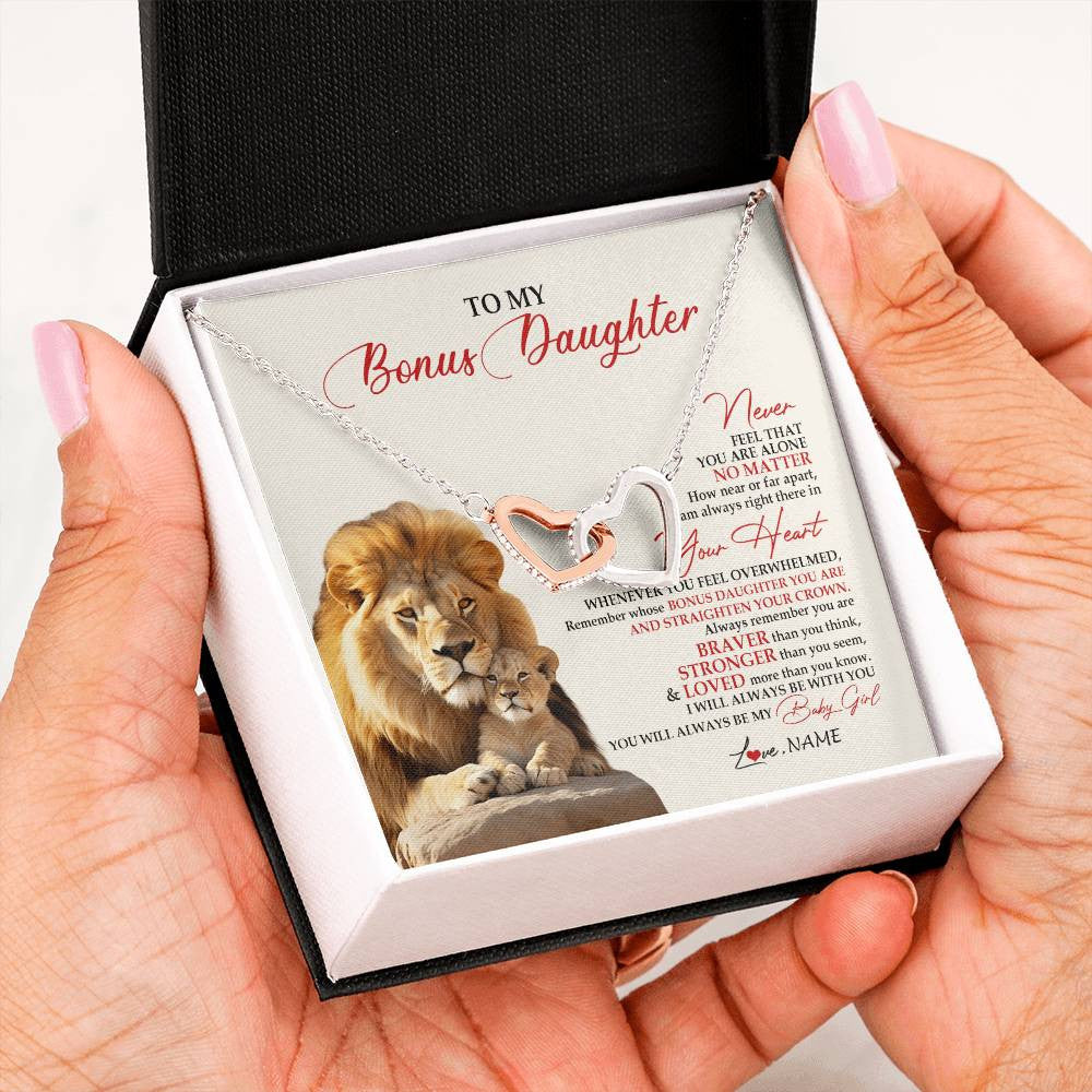 Interlocking Hearts Necklace Stainless Steel & Rose Gold Finish | 2 | Personalized To My Bonus Daughter Necklace From Stepdad Never Feel You Are Alone Lion Stepdaughter Birthday Christmas Customized Gift Box Message Card.jpg | teecentury