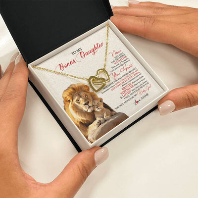 Interlocking Hearts Necklace 18K Yellow Gold Finish | 2 | Personalized To My Bonus Daughter Necklace From Stepdad Never Feel You Are Alone Lion Stepdaughter Birthday Christmas Customized Gift Box Message Card.jpg | teecentury