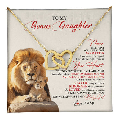 Interlocking Hearts Necklace 18K Yellow Gold Finish | 1 | Personalized To My Bonus Daughter Necklace From Stepdad Never Feel You Are Alone Lion Stepdaughter Birthday Christmas Customized Gift Box Message Card | teecentury