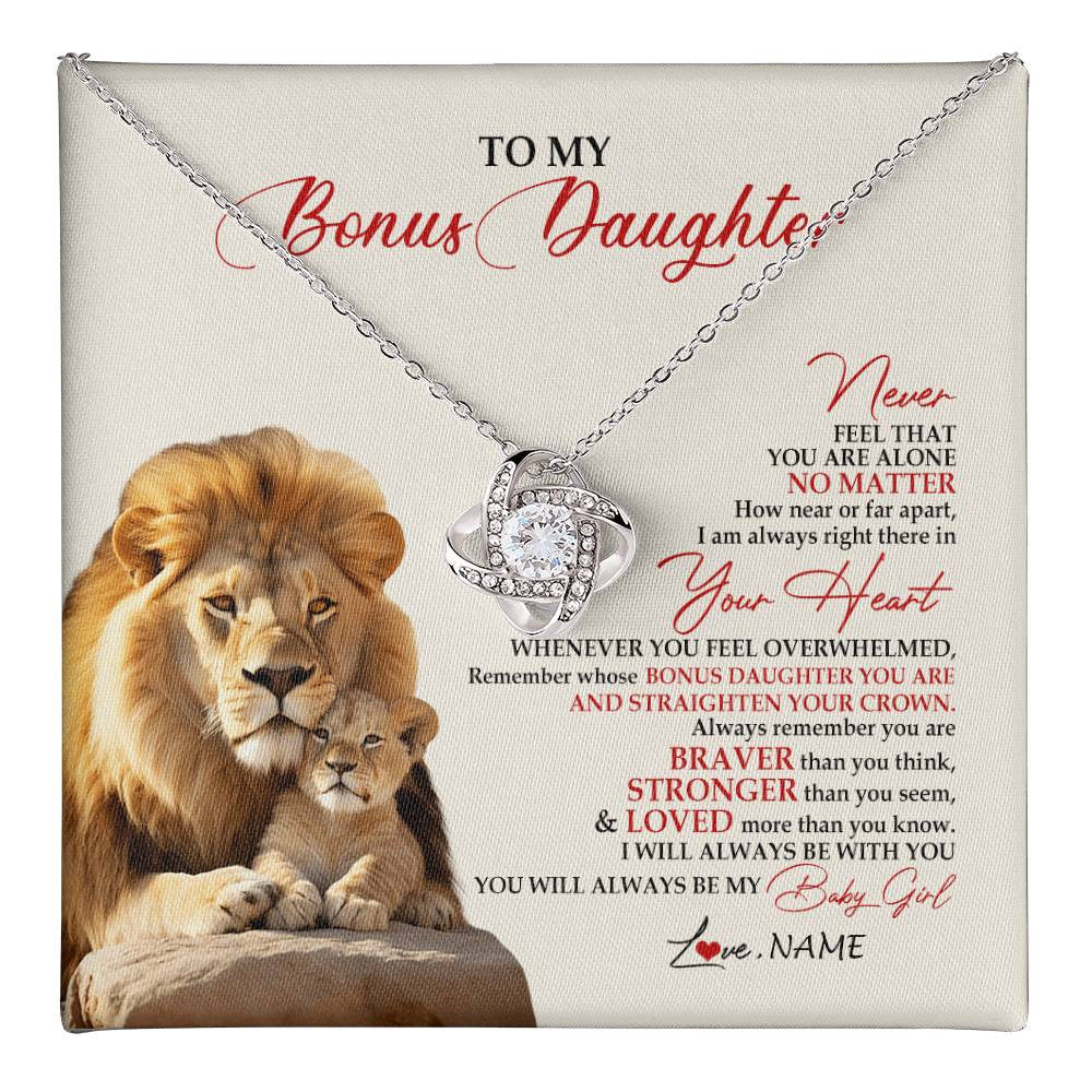 Love Knot Necklace 14K White Gold Finish | 1 | Personalized To My Bonus Daughter Necklace From Stepdad Never Feel You Are Alone Lion Stepdaughter Birthday Christmas Customized Gift Box Message Card | teecentury