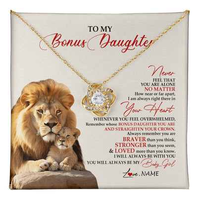 Love Knot Necklace 18K Yellow Gold Finish | 1 | Personalized To My Bonus Daughter Necklace From Stepdad Never Feel You Are Alone Lion Stepdaughter Birthday Christmas Customized Gift Box Message Card | teecentury