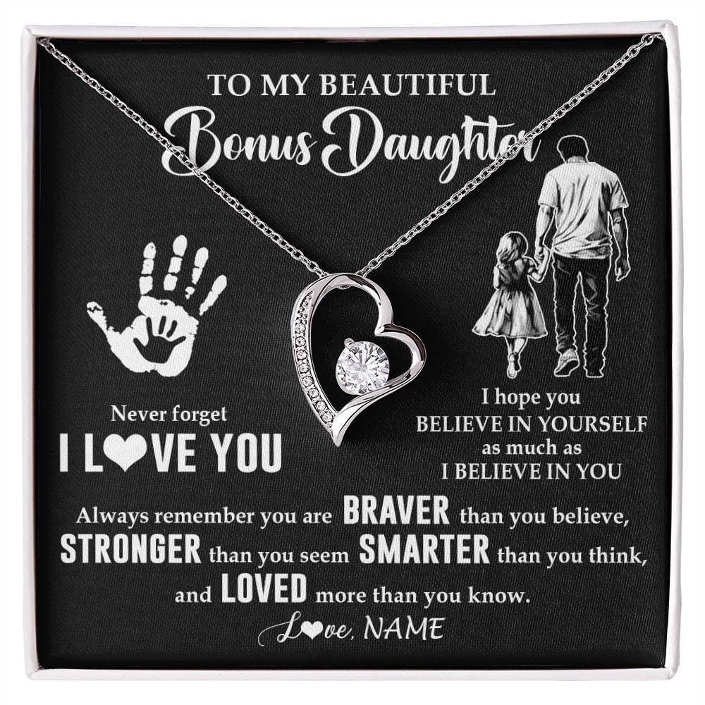 Forever Love Necklace 14K White Gold Finish | 1 | Personalized To My Bonus Daughter Necklace From Stepdad Never Forget I Love You Stepdaughter Birthday Christmas Graduation Customized Gift Box Message Card | teecentury