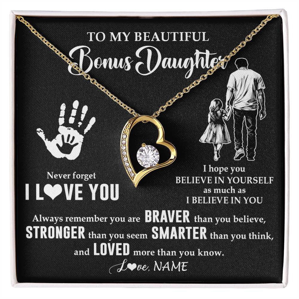 Forever Love Necklace 18K Yellow Gold Finish | 1 | Personalized To My Bonus Daughter Necklace From Stepdad Never Forget I Love You Stepdaughter Birthday Christmas Graduation Customized Gift Box Message Card | teecentury