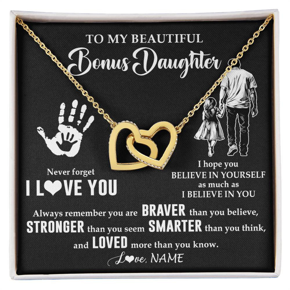 Interlocking Hearts Necklace 18K Yellow Gold Finish | 1 | Personalized To My Bonus Daughter Necklace From Stepdad Never Forget I Love You Stepdaughter Birthday Christmas Graduation Customized Gift Box Message Card | teecentury