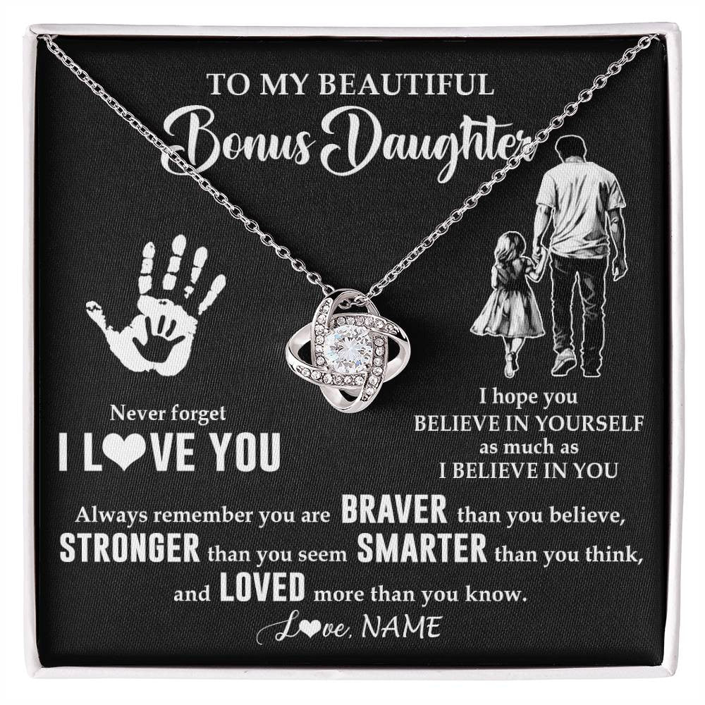 Love Knot Necklace 14K White Gold Finish | 1 | Personalized To My Bonus Daughter Necklace From Stepdad Never Forget I Love You Stepdaughter Birthday Christmas Graduation Customized Gift Box Message Card | teecentury