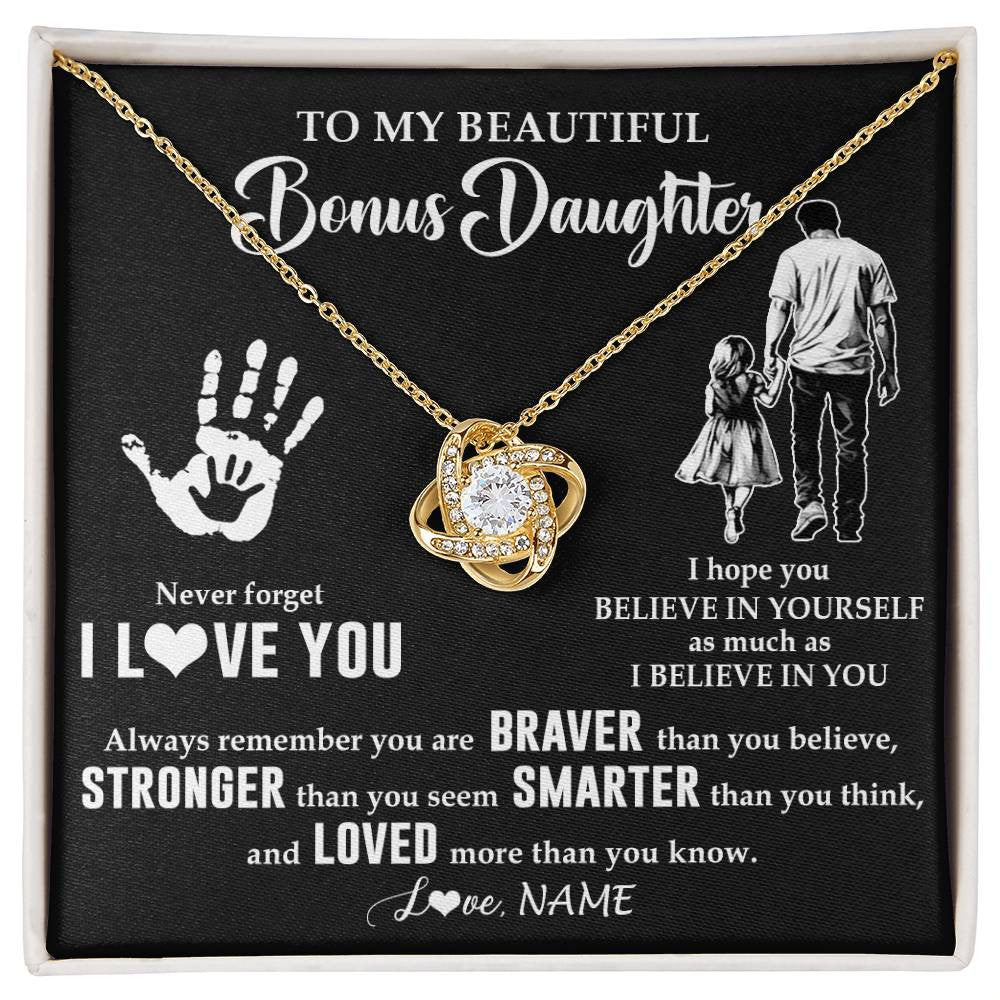 Love Knot Necklace 18K Yellow Gold Finish | 1 | Personalized To My Bonus Daughter Necklace From Stepdad Never Forget I Love You Stepdaughter Birthday Christmas Graduation Customized Gift Box Message Card | teecentury