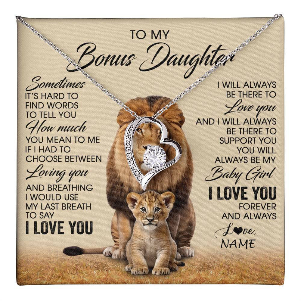 Forever Love Necklace 14K White Gold Finish | 1 | Personalized To My Bonus Daughter Necklace From Stepdad Sometimes It's Hard Lion Stepdaughter Gift Birthday Jewelry Christmas Customized Gift Box Message Card | teecentury