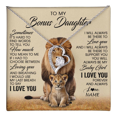 Forever Love Necklace 14K White Gold Finish | 1 | Personalized To My Bonus Daughter Necklace From Stepdad Sometimes It's Hard Lion Stepdaughter Gift Birthday Jewelry Christmas Customized Gift Box Message Card | teecentury