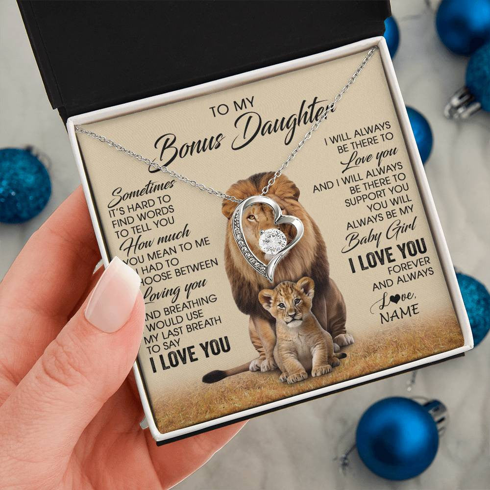 Forever Love Necklace 14K White Gold Finish | 2 | Personalized To My Bonus Daughter Necklace From Stepdad Sometimes It's Hard Lion Stepdaughter Gift Birthday Jewelry Christmas Customized Gift Box Message Card | teecentury