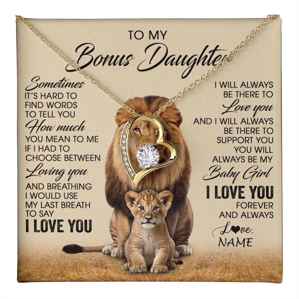 Forever Love Necklace 18K Yellow Gold Finish | 1 | Personalized To My Bonus Daughter Necklace From Stepdad Sometimes It's Hard Lion Stepdaughter Gift Birthday Jewelry Christmas Customized Gift Box Message Card | teecentury