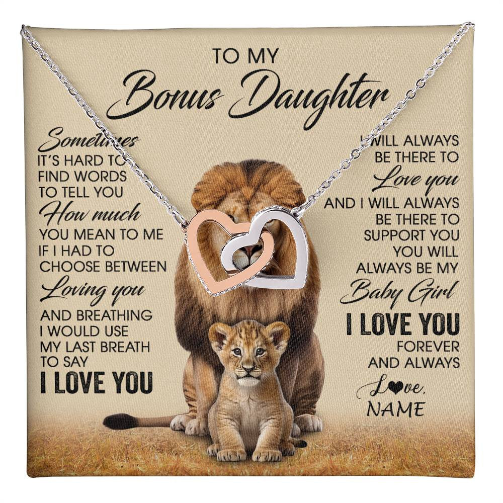 Interlocking Hearts Necklace Stainless Steel & Rose Gold Finish | 1 | Personalized To My Bonus Daughter Necklace From Stepdad Sometimes It's Hard Lion Stepdaughter Gift Birthday Jewelry Christmas Customized Gift Box Message Card | teecentury